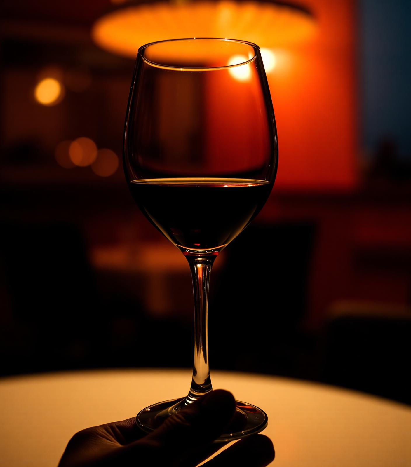 Calice di vino rosso in controluce, atmosfera calda
