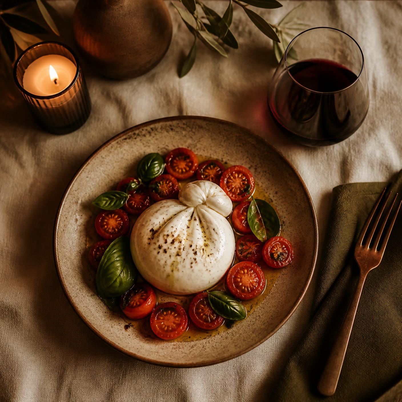 Burrata con pomodorini datterino e basilico su ceramica rustica