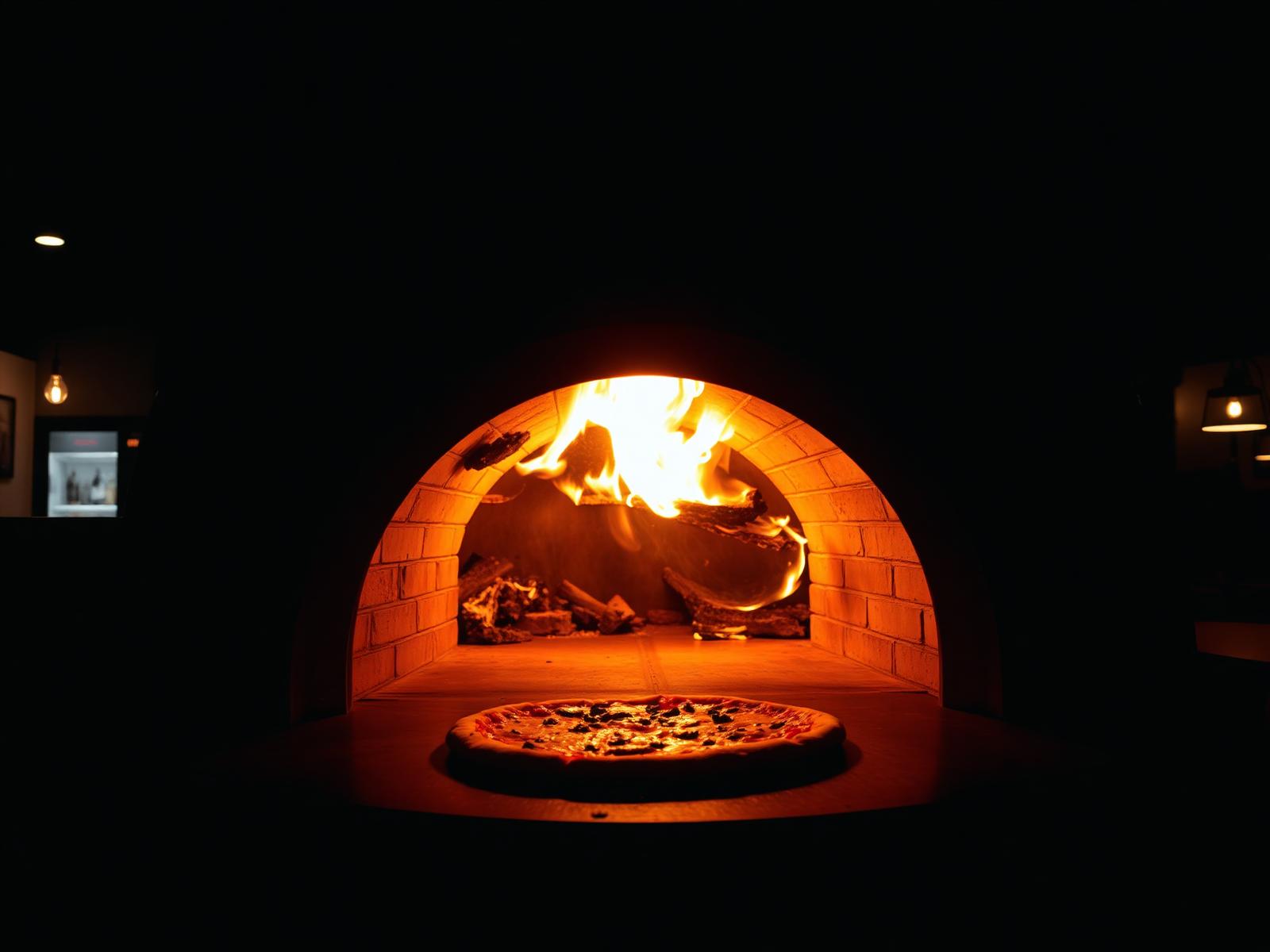 Il forno a legna acceso, con la fiamma che riscalda la volta