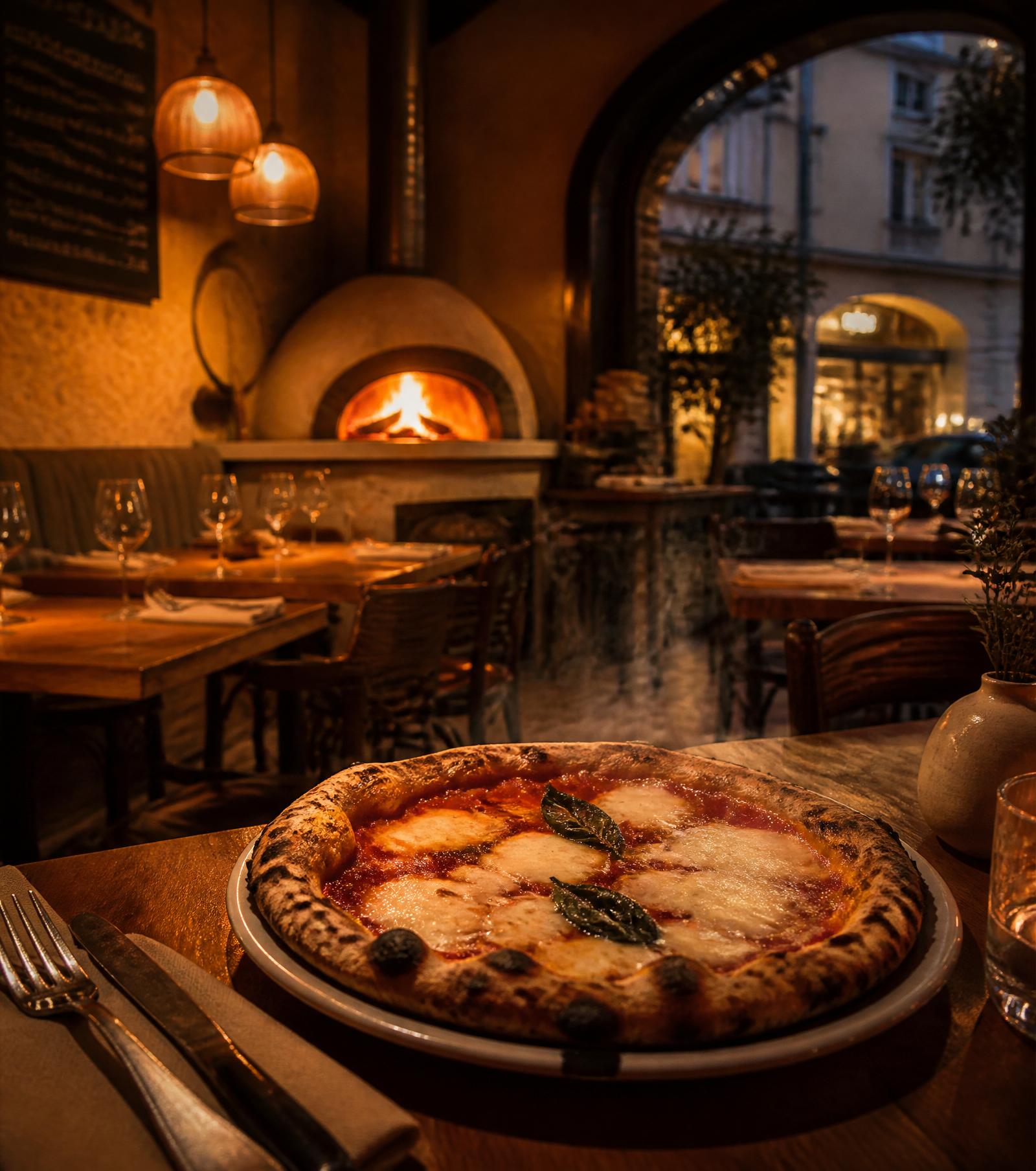 Interno accogliente di Forno Lume con forno a legna acceso e pizza Margherita fumante in primo piano