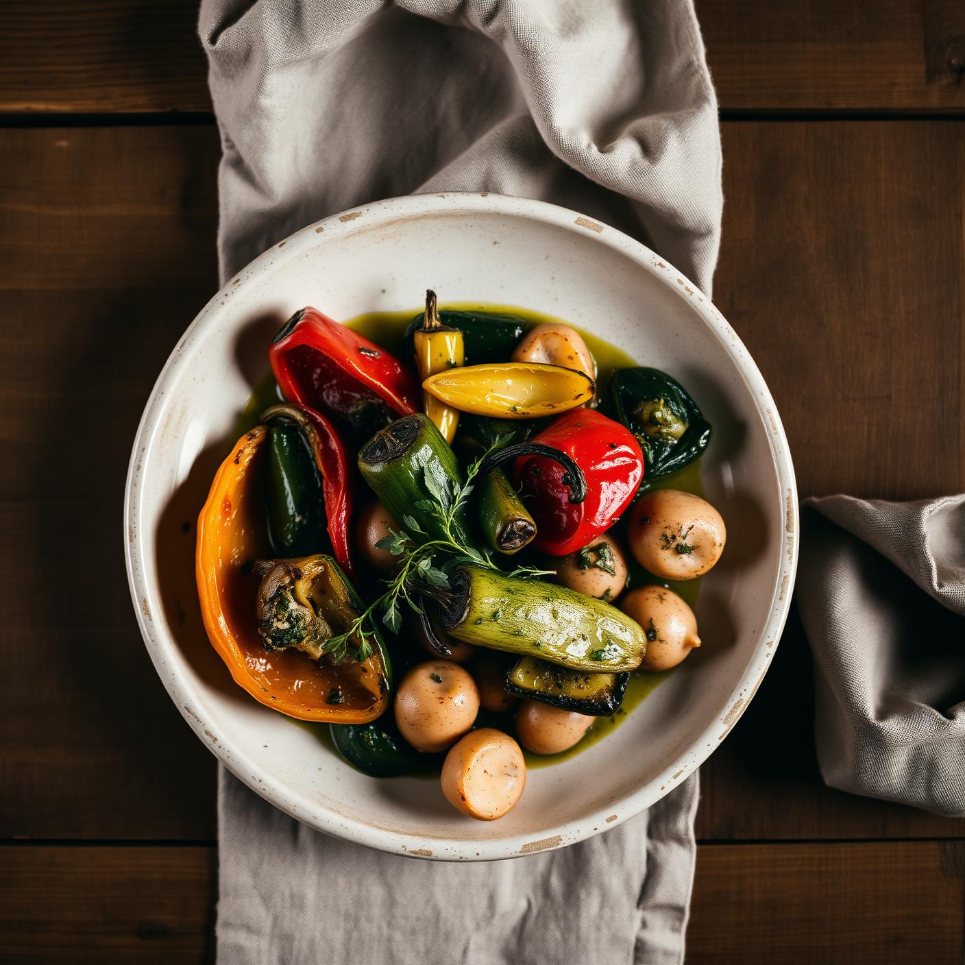Piatto di verdure arrostite con crema alle erbe fresche