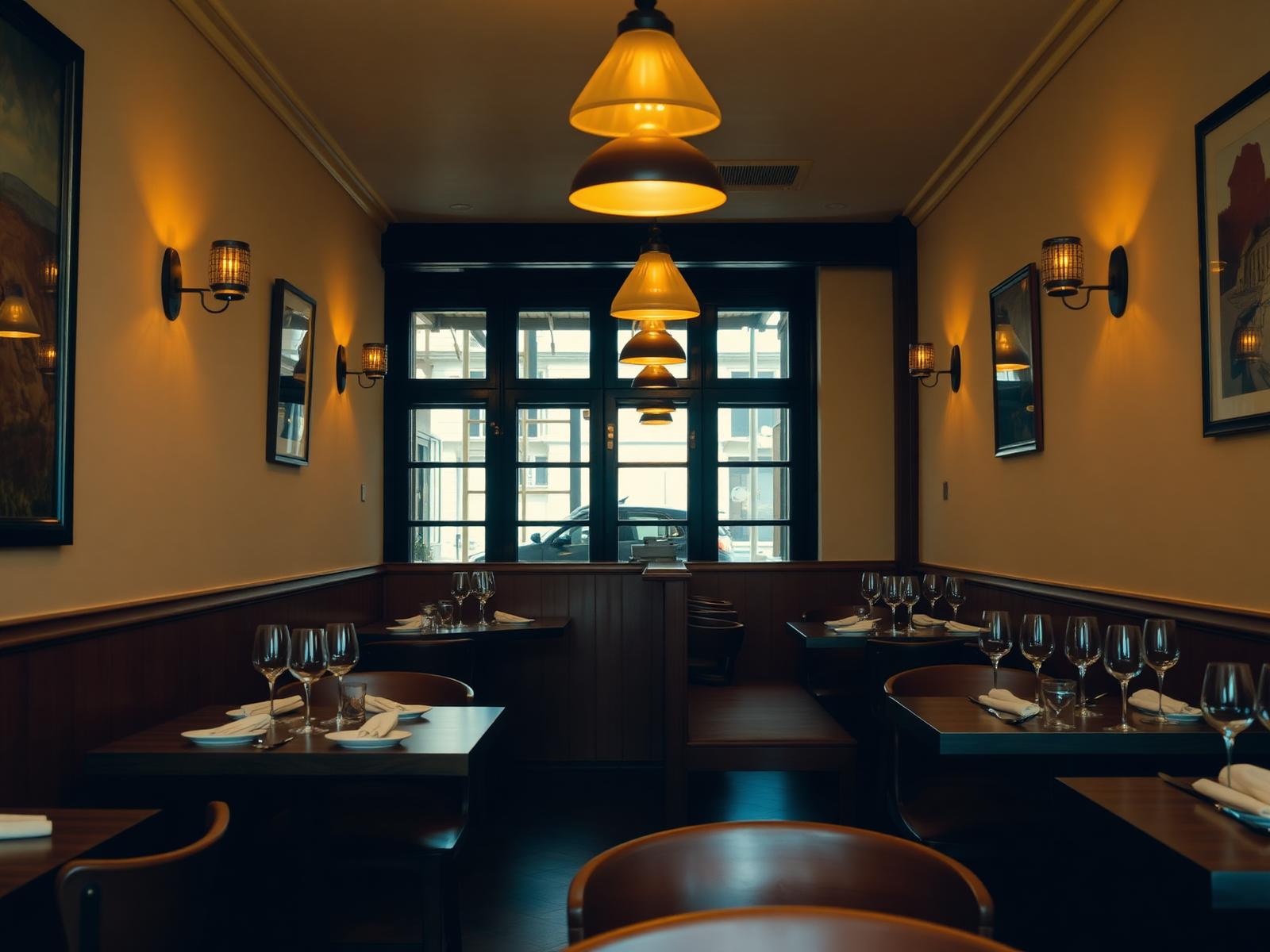 Angolo della sala con luce calda e tavoli in legno